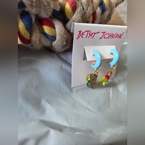 Betsey Johnson Light Blue Huggie Hoop Earrings with Taco & Hot Sauce Charms